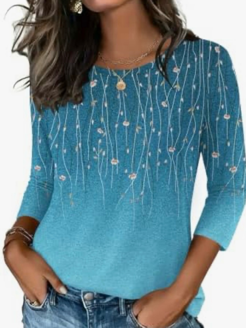 NWT Zeagoo 3/4 Sleeve Round Neck T Shirt Casual Top Blue Floral Size Medium